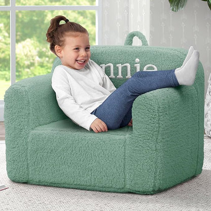Delta Children Personalized Sherpa Cozee Chair - Customize with Name – Foam Kids Chair for Ages 18 Months and Up, Sage