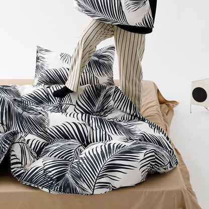 Comforter Set, Full Size, Black Leaves, Modern Boho, 3PCs, All Seasons, Cotton, Breathable, Durable, Ideal Gift, Unisex, Botanical, Lightweight, Warm, Washes Cold, Low Dry