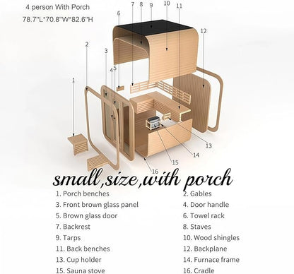 Customize Outdoor Steam Sauna 4-10 Person, Canadian Hemlock, Red Cedar Sauna, Porch Option, Glass Window Option, Wood Burning Stove or Harvia Heater, ETL Certificate(0-195 °F)