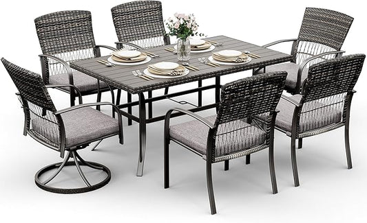Pamapic 7 Piece Patio Dining Set for 6,Outdoor Wicker Furniture Set for Backyard Garden Deck Poolside with 4 Dining Chairs and 2 Swivel Rockers,Iron Slats Table Top, Removable Cushions(Gray)