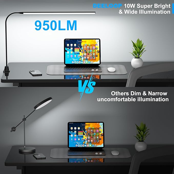 LED Clip on Light/Reading Light, 20" Ultra-Long Chips Bright Desk Lamp, 10%-100% Stepless Dimming & 3 Color Modes Office Lamp with 360° Gooseneck Memory Function Clamp Light for Working