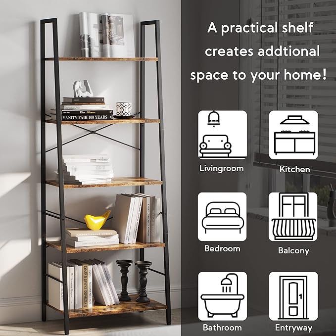 Yusong Bookshelf, Ladder Shelf 5-Tier Bookcase for Bedroom, Industrial Book Shelves Storage Rack with Metal Frame for Home Office, Rustic Brown