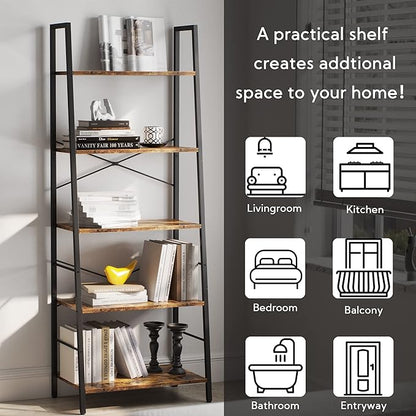 Yusong Bookshelf, Ladder Shelf 5-Tier Bookcase for Bedroom, Industrial Book Shelves Storage Rack with Metal Frame for Home Office, Rustic Brown