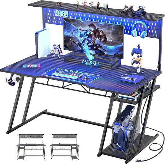 Gaming Computer Desk with Hutch and LED Lights, 55'' Black Gaming Desk with Storage Shelves, Reversible PC Gaming Desk with Pegboard, Ergonomic Desk for Bedroom, Carbon Fiber Surface
