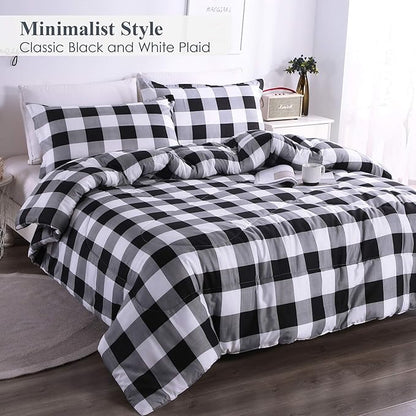 Andency Black Plaid Comforter Set Twin Size (66x90 Inch), 2 Pieces (1 Gingham Comforter and 1 Pillowcase), Summer Lightweight Microfiber Buffalo Check Down Alternative Comforter Set for Kids Boys