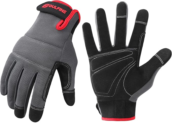DULFINE Flex Grip Mechanic Work Gloves for Men,Black and Red Utility Safety Working Gloves Touch Screen,Excellent Grip,Ideal for Working on Cars and Outdoor Jobs(XX-Large)