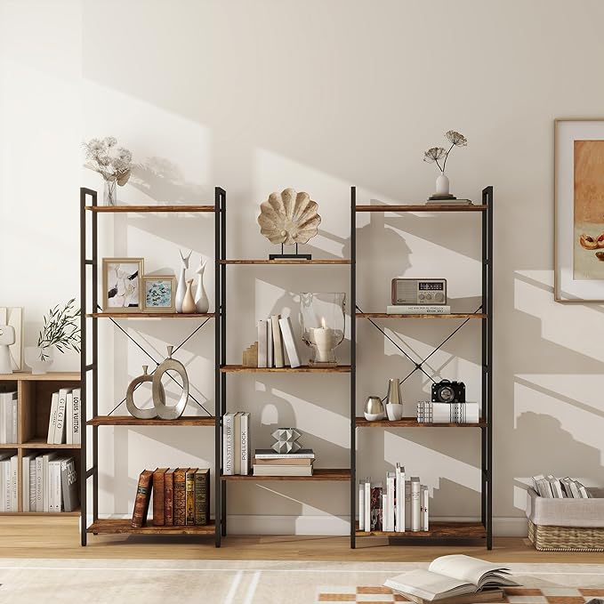 Panana Triple 4 tier bookshelf, Industrial Bookcase with 11 Open Display Shelves Wide Book Shelf Book Case with Metal Frame for Living Room Home Office (Brown)