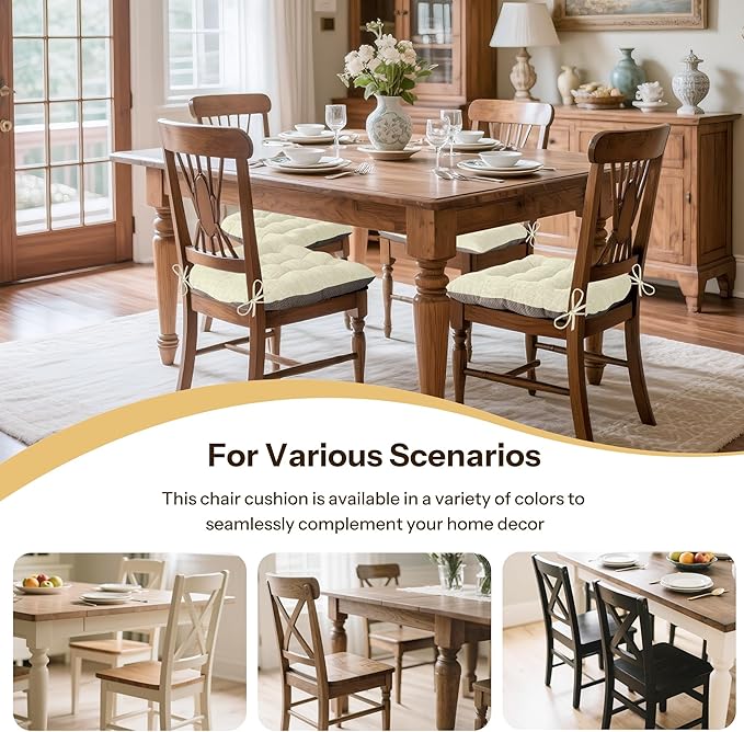 Non Slip Chair Cushions for Dining Chairs Set of 4 Kitchen Chair Cushions 18"x18"x3" Turfted Chair Pads Comfortable and Soft Seat Cushion with Ties, Beige