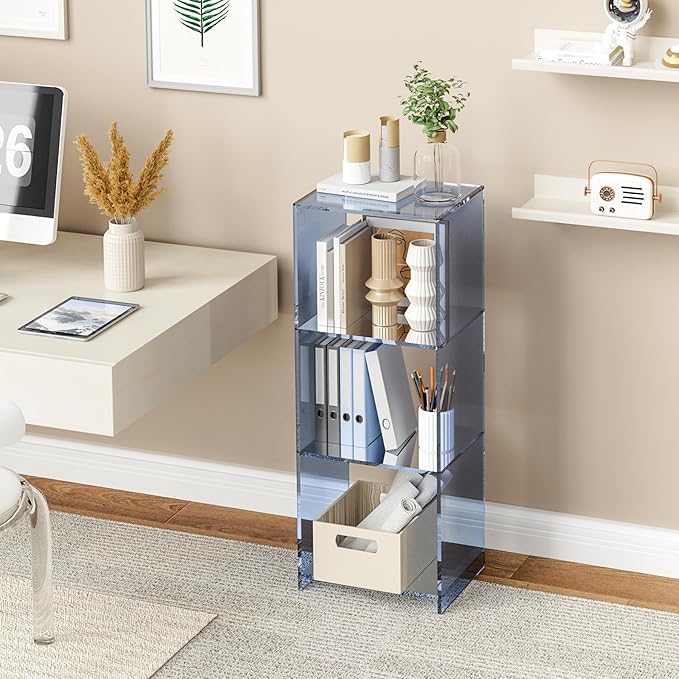 Acrylic Bookcase, 3 Tier Clear Floor Standing Bookshelf, 31.5 inch Tall Display Cube Storage Shelf Home Decor Furniture for Home, Office, Living Room, Bedroom - Transparent Blue