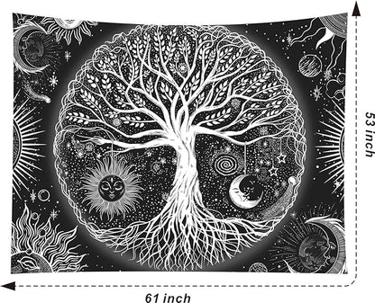 FORATER Tree of Life Tapestry Wall Hanging, Sun and Moon Aesthetic Wall Tapestry Black and White Tapestries Home Decor for Living Room Bedroom(53 x 61 Inch, Black and White)
