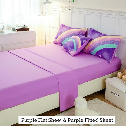 6 Pcs Kids Comforter Set Queen Size for Girls, 3D Colorful Rainbow Galaxy Bed in A Bag, Gradient Purple Glitter Bedding Comforter Collection for All Season