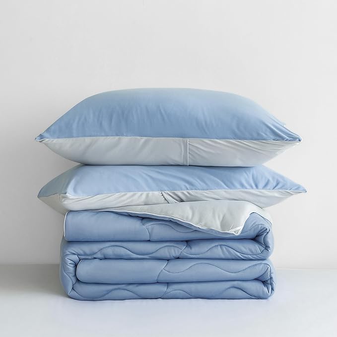 COTTEBED Reversible Blue and Light Gray Bed Comforter Queen Sets, Jersey Knit T-Shirt Feel Ultra-Soft Lightweight Breathable Cozy Bedding Down Quilt Blanket & 2 Pillowsham All Season Use (Full/Queen)