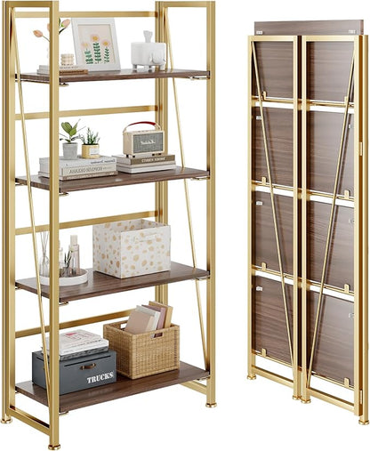 No-Assembly Folding Gold Bookshelf Storage Shelves 4 Tiers Vintage Multifunctional Plant Flower Stand Storage Rack Shelves Bookcase for Home Office