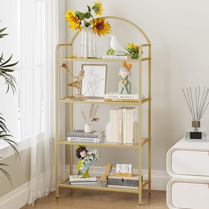 Bookcase Bookshelf, Tempered Glass Bookshelves, Slim Shelving Unit for Bedroom, Bathroom, Home Office, Steel Frame, 4 Tier Gold BC21499G