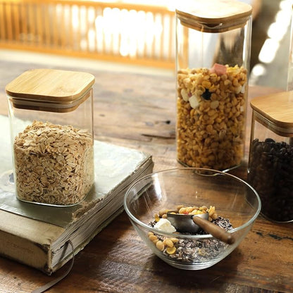 LIBWYS 8-Pack Square Glass Storage Jars with Bamboo Lids (0.6Qt/1.06Qt) | Stackable Dry Food Containers for Pantry Organization, Coffee, Flour, Snacks, Tea, Sugar | Kitchen Canisters Set