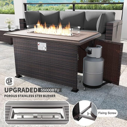 Kullavik 15PCS Outdoor Patio Furniture Set with 43" 55000BTU Gas Propane Fire Pit Table PE Wicker Rattan Sectional Sofa Patio Conversation Sets for Backyard,Grey Cushions