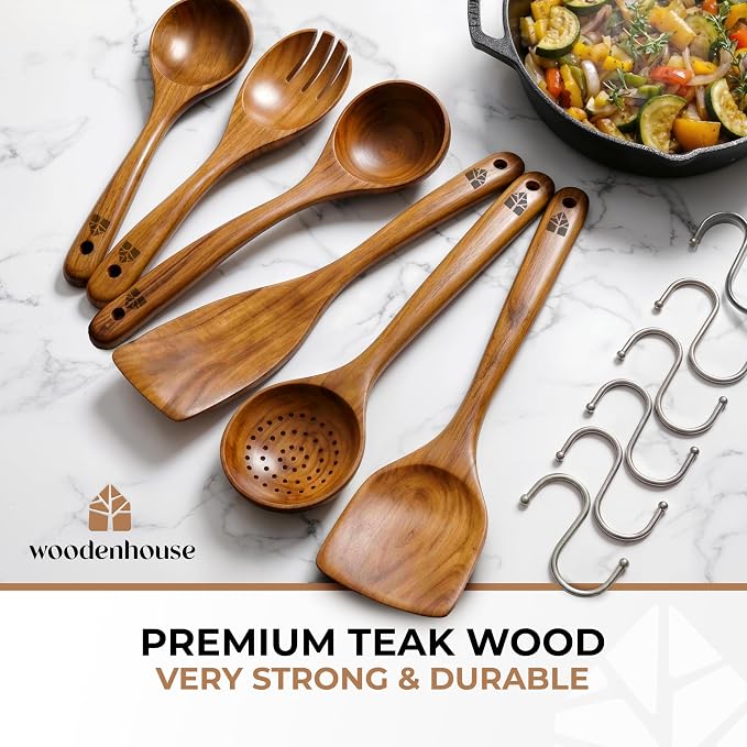 Wooden Spoons for Cooking – 6 Pcs Premium Teak Wooden Utensil Set | Durable, Nonstick Safe, Heat Resistant & Easy to Clean with Ergonomic Handles