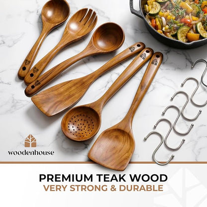 Wooden Spoons for Cooking – 6 Pcs Premium Teak Wooden Utensil Set | Durable, Nonstick Safe, Heat Resistant & Easy to Clean with Ergonomic Handles