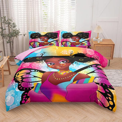 Tailor Shop Fantasy Black Girl Comforter Set Rainbow Butterfly Full Size Bedding Sets for Girls Kids Kawaii Magic African American Black Girl Bedding Set with 2 Pillowcase Girls Room Decor