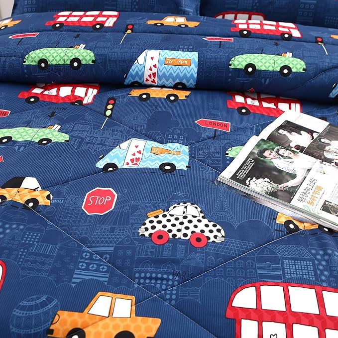 MAG 3Pcs Cartoon Car Comforter Set, Blue Cute Base Full Bedding Comforter Set,for Toddlers Kids,Boys Teens and Girls,Super Soft Microfiber, Full Size