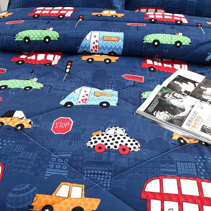 MAG 3Pcs Cartoon Car Comforter Set, Blue Cute Base Full Bedding Comforter Set,for Toddlers Kids,Boys Teens and Girls,Super Soft Microfiber, Full Size