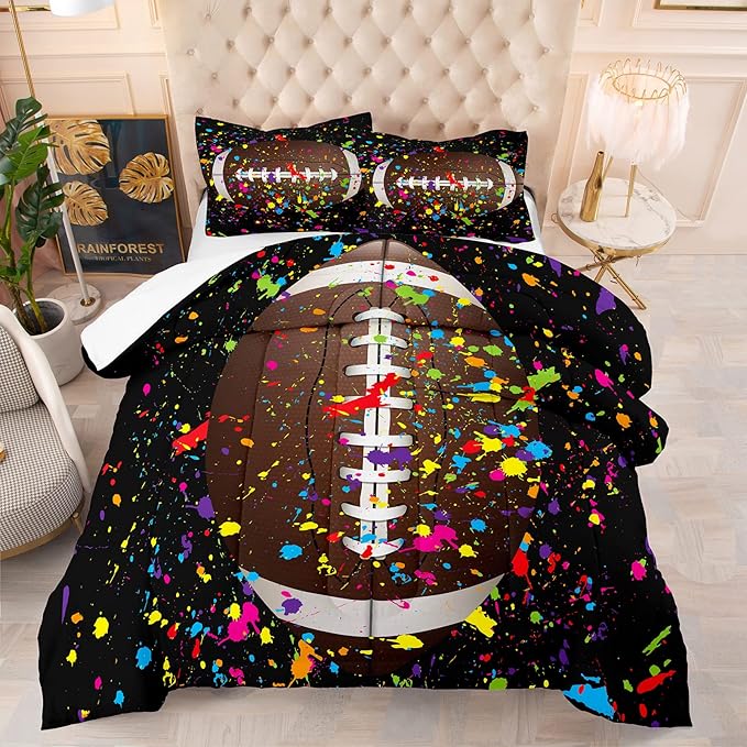 Tailor Shop Watercolor Sports Football Comforter Set for Boys 3D Black Splash Ink Colorful Football Bedding Set King Size with 1 Comforter 2 Pillow Shams,
