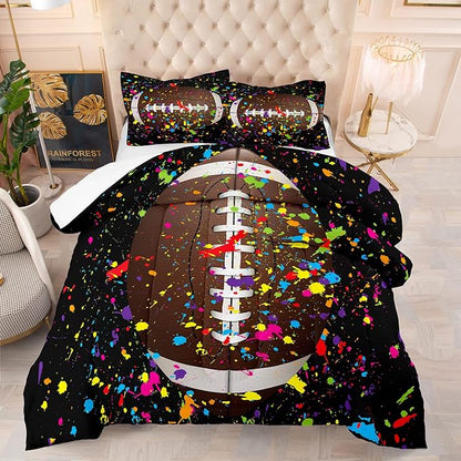 Tailor Shop Watercolor Sports Football Comforter Set for Boys 3D Black Splash Ink Colorful Football Bedding Set King Size with 1 Comforter 2 Pillow Shams,