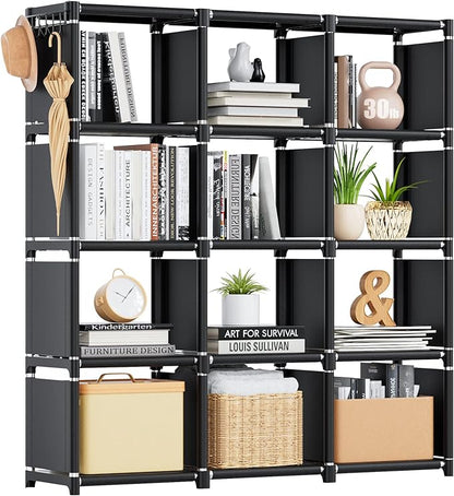 Mavivegue Book Shelf, 12 Cube Storage Organizer, DIY Bookcase, Metal Bookshelf,Tall Book case for Bedroom, Living Room,Office,Closet , Black Cubicle Rack