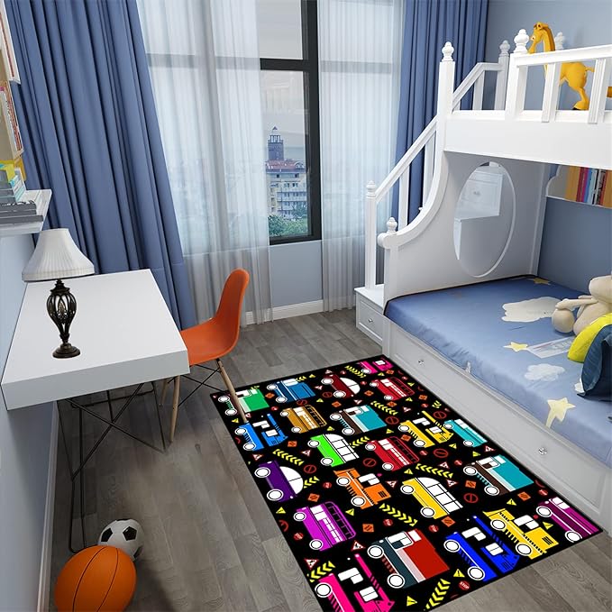 Car Play Mat Kids Rugs for Playroom Car Track Rug Kids Mat Construction Play Mat Car Play Rug Car Carpet for Kids Carpet for Bedroom Truck Rugs for Boys Room,Black 4'5''×6'