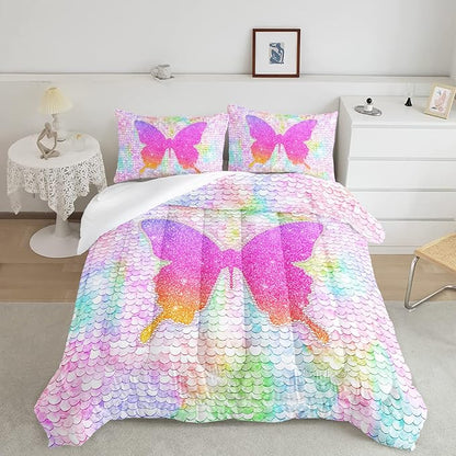 CVHOUSE Butterfly Bedding Set,Butterfly Comforter Full,Butterfly Comforter Set for Girls Kids Teens,Butterflies Quilt Set with 1 Comforter and 2 Pillow Cases- 3 Piece
