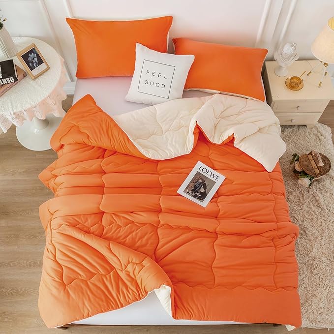 COTTEBED Reversible Softness Bright Orange and Beige King Size Comforter Set Clearance, Jersey Knit T-Shirt Feel California King Cozy Bedding Down Blanket Quilt & Pillowsham for Women Men All Season