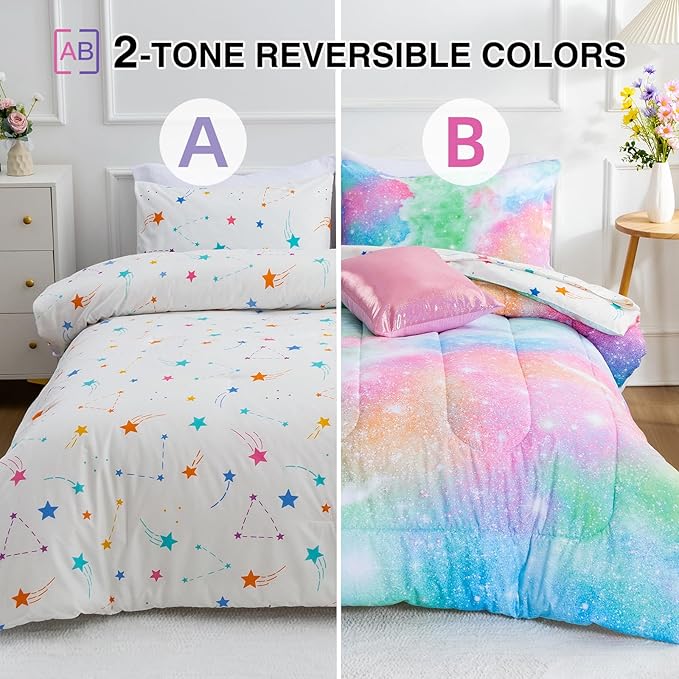A Nice Night Galaxy 6pcs Kids Bed in a Bag Outer Space Comforter 3D Printed Space Quilt Set Glitter Pink Green Color,for Children Boy Girl Teen Kids,Queen