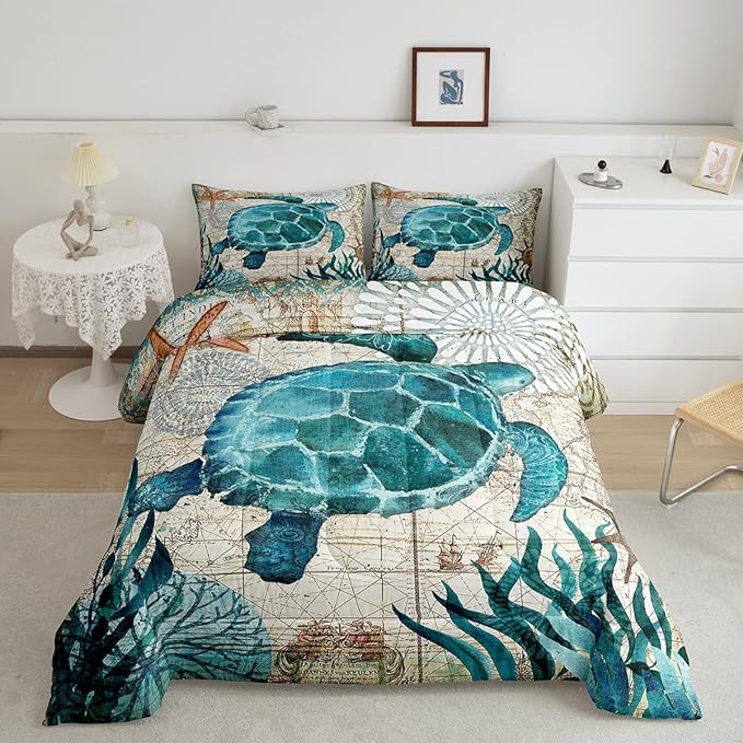 Turtle Bedding Teal Turtle Comforter Set Turquoise Ocean Themed Mediterranean Style Printed Design Ocean Turtle Down Comforter Quilted Duvet Set Queen Size 1 Comforter 2 Pillowcases (Queen, Turtle)