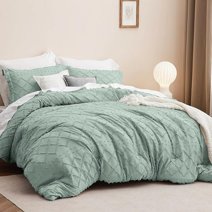 Bedsure Twin/Twin XL Comforter Set - Sage Green Boho Twin Extra Long Comforter Set for College, Shabby Chic Dorm Bedding Set, 2 Pieces Modern Farmhouse Bed Set, includes 1 Pillow Sham