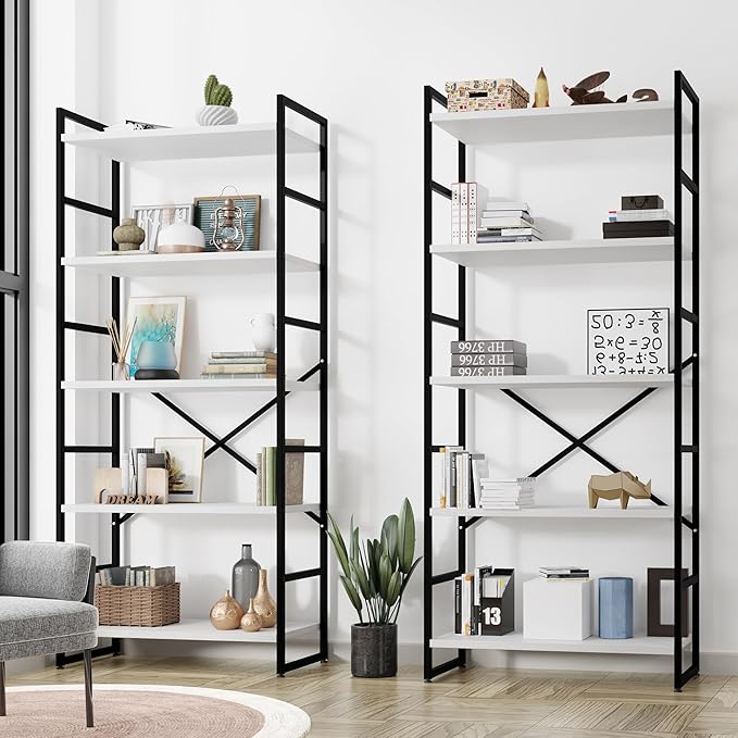 Shintenchi 2 Pieces 5 Tiers Bookshelf, Classically Tall Bookcase Shelf, Industrial Book Rack, Modern Book Holder in Bedroom/Living Room/Home/Office, Storage Rack Shelves for Books/Movies-White