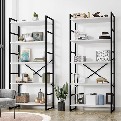 Shintenchi 2 Pieces 5 Tiers Bookshelf, Classically Tall Bookcase Shelf, Industrial Book Rack, Modern Book Holder in Bedroom/Living Room/Home/Office, Storage Rack Shelves for Books/Movies-White