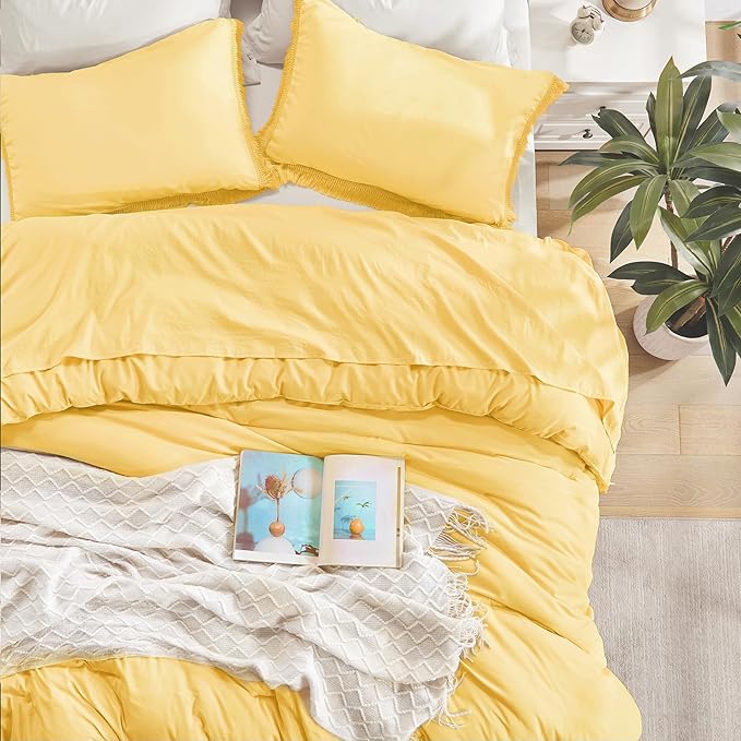 Andency Yellow Tassel Comforter Set Twin(68x90Inch), 2 Pieces(1 boho Comforter, 1 Pillowcase) Farmhouse Shabby Chic Comforter Set, Soft Microfiber Lightweight Fringe Bedding Comforter Set