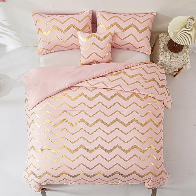 Pink Comforter Set King Size, Metallic Blush and Rose Gold Bedding Set, 4 Piece Lightweight Microfiber Comforter for Teen Girls Women (2 Pillow Shams + 1 Decorative Pillow Sham)