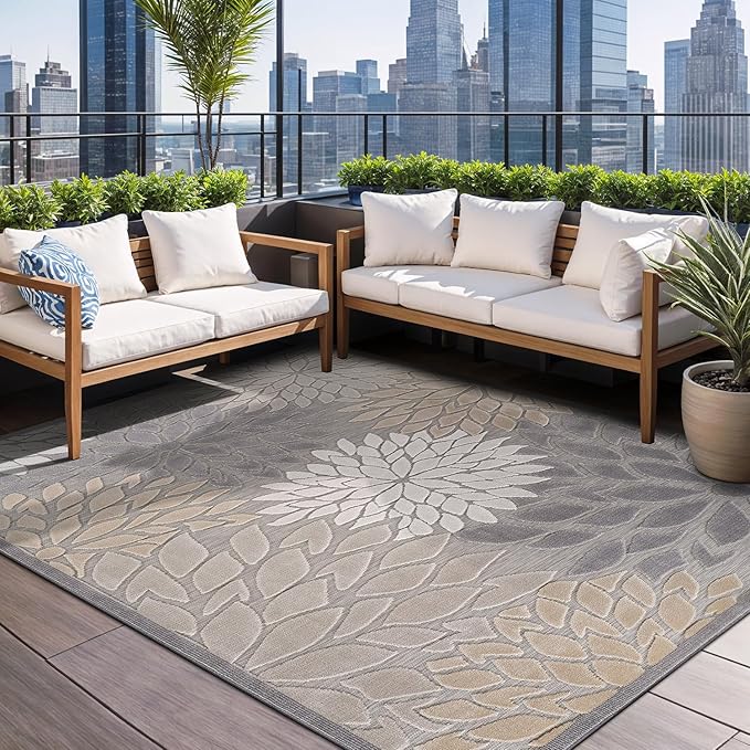 Beverly Rug Outdoor Rug 9x12 Large Modern Floral Tropical Area Rugs for Indoor and Outdoor Patio Easy to Clean Non Shedding Living Room Porch Garden Washable Outside Carpet (9 x 12 Gray)