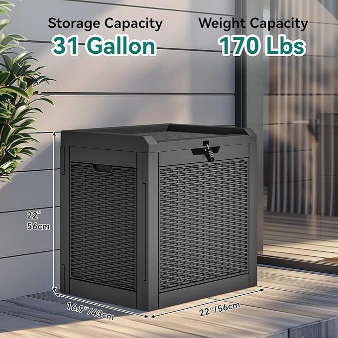 YITAHOME 32 Gallon Deck Box, Resin Storage with Lockable Lid & Side Handles, Indoor Outdoor Small Container for Patio Cushion, Garden Pool Accessories, Backyard Furniture, Water Resistant