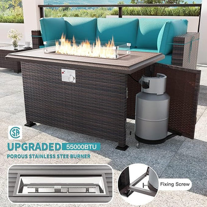 Kullavik 13PCS Outdoor Patio Furniture Set with 43" 55000BTU Gas Propane Fire Pit Table PE Wicker Rattan Sectional Sofa Patio Conversation Sets,Blue