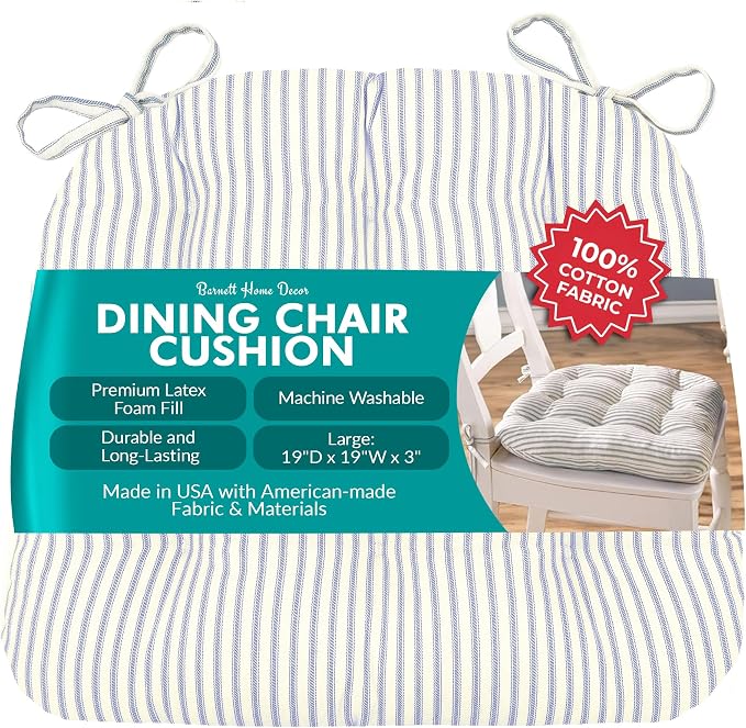 Barnett Home Decor Ticking Stripe Berlin Blue Dining Chair Pad with Ties - 19 x 19 Size Large Chair Cushion - Latex Foam Fill - 100% Cotton, Made in USA (Light Blue)