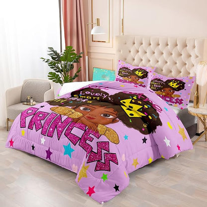 Black Girl Comforter Set Queen African Black Girls Comforter Sets Queen Princess Queen Bedding Set Cute Black Girls Princess Room Decor Bedding Set, Queen (1 Comforter 2 Pillowcases)