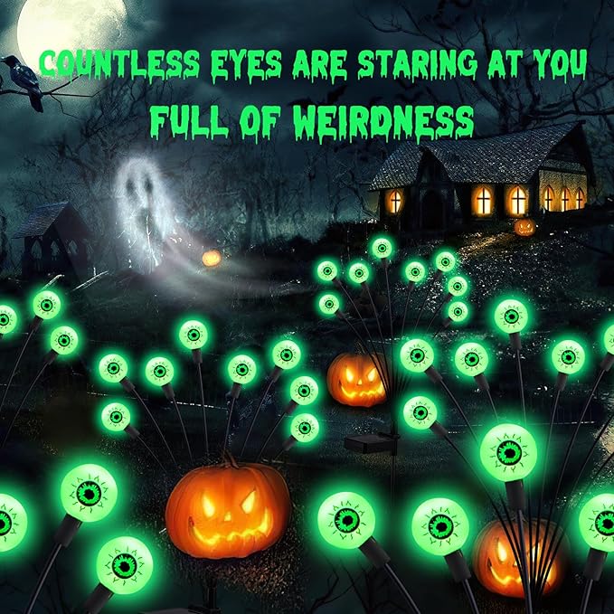 ASMAD Scary Solar Eyeball Lights, Waterproof Swaying Firefly Path Lights for Outdoor/Halloween Decorations/Garden/Yard/Patio/Party Decor, Green Eyeball, 4 Pack, 32 LEDs