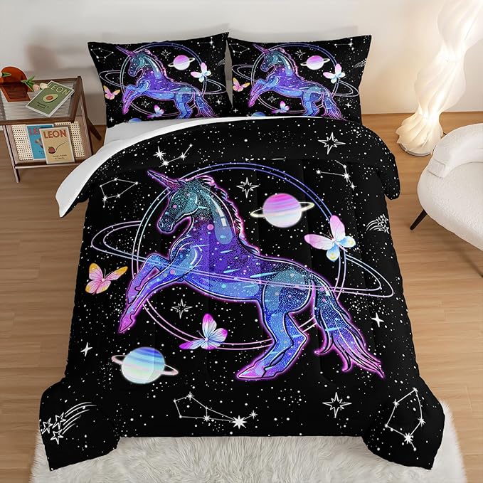 HOSIMA Unicorn Bedding Sets for Girls Kids,Butterfly Star Empty Galaxy Comforter,Unicorn Bedroom Decor for Girls Boys,Soft Microfiber Black King Size Comforter Set,Butterfly Crib Bedding Set.