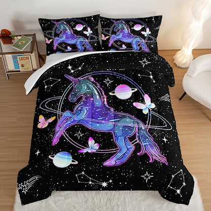 HOSIMA Unicorn Bedding Sets for Girls Kids,Butterfly Star Empty Galaxy Comforter,Unicorn Bedroom Decor for Girls Boys,Soft Microfiber Black King Size Comforter Set,Butterfly Crib Bedding Set.