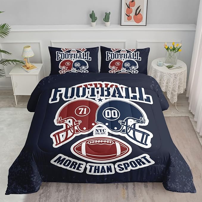 Datura home American Football Comforter Set Vintage Navy American Football Printed Quilt Bedding Set with 1 Comforter and 2 Pillowcases for Boys and Girls Bedroom All Season(Football Navy Twin)