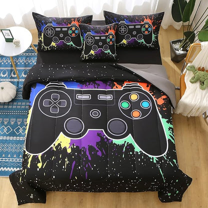 JQinHome Queen Gamer Comforter Sets for Boys&Girls,6 Piece Bed in A Bag 3D Video Game Bedding -All Season Microfiber Gamer Bedding Sets for Kids, with Pillowcase, Flat & Fitted Sheet,Cushion Cover