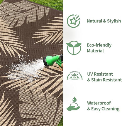 GENIMO Outdoor Rug 8' x 10' Waterproof for Patios Clearance, Reversible Outdoor Plastic Straw Camping Rug Carpet, Large Area Rugs Mats for RV, Camper, Deck, Balcony, Porch, Beach, Picnic, Coffee&Beige