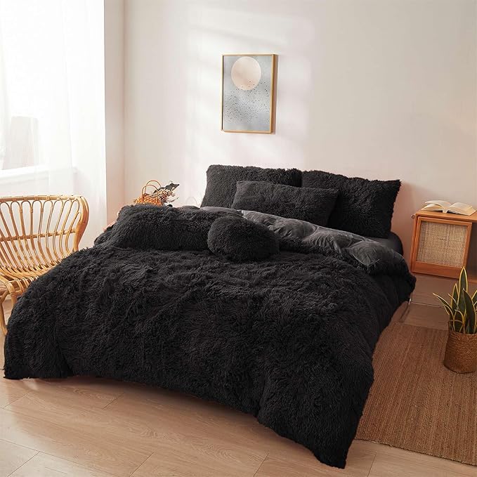 Fluffy black comforters Cover twin size - Ultra Soft Plush black bedding Sets 2 Pieces (1 faux fur comforter Cover + 1 fuzzy pillow case) girls shaggy black twin bed set (Black, Twin)